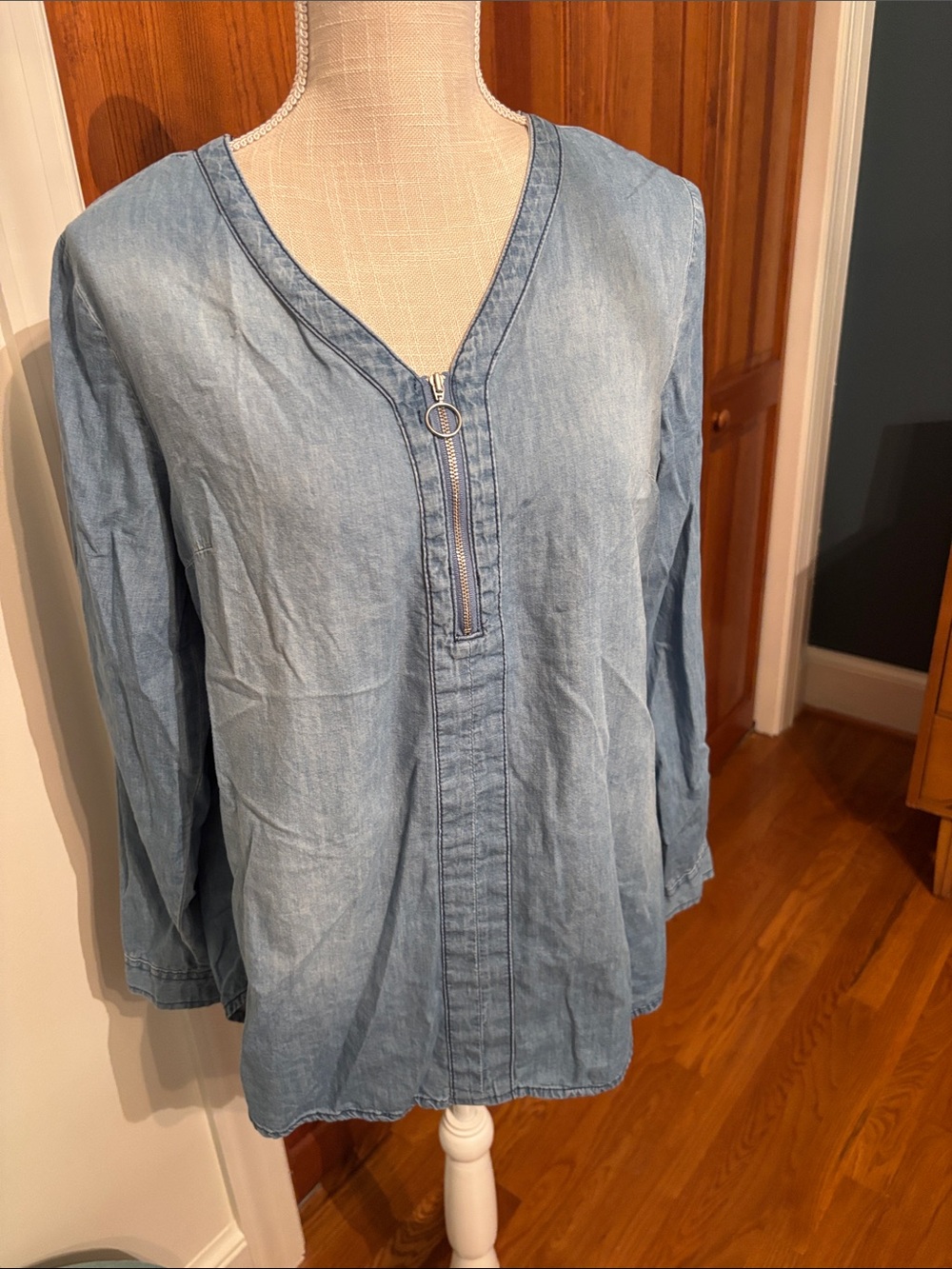 Light Wash Denim Zip-Front Tunic Top